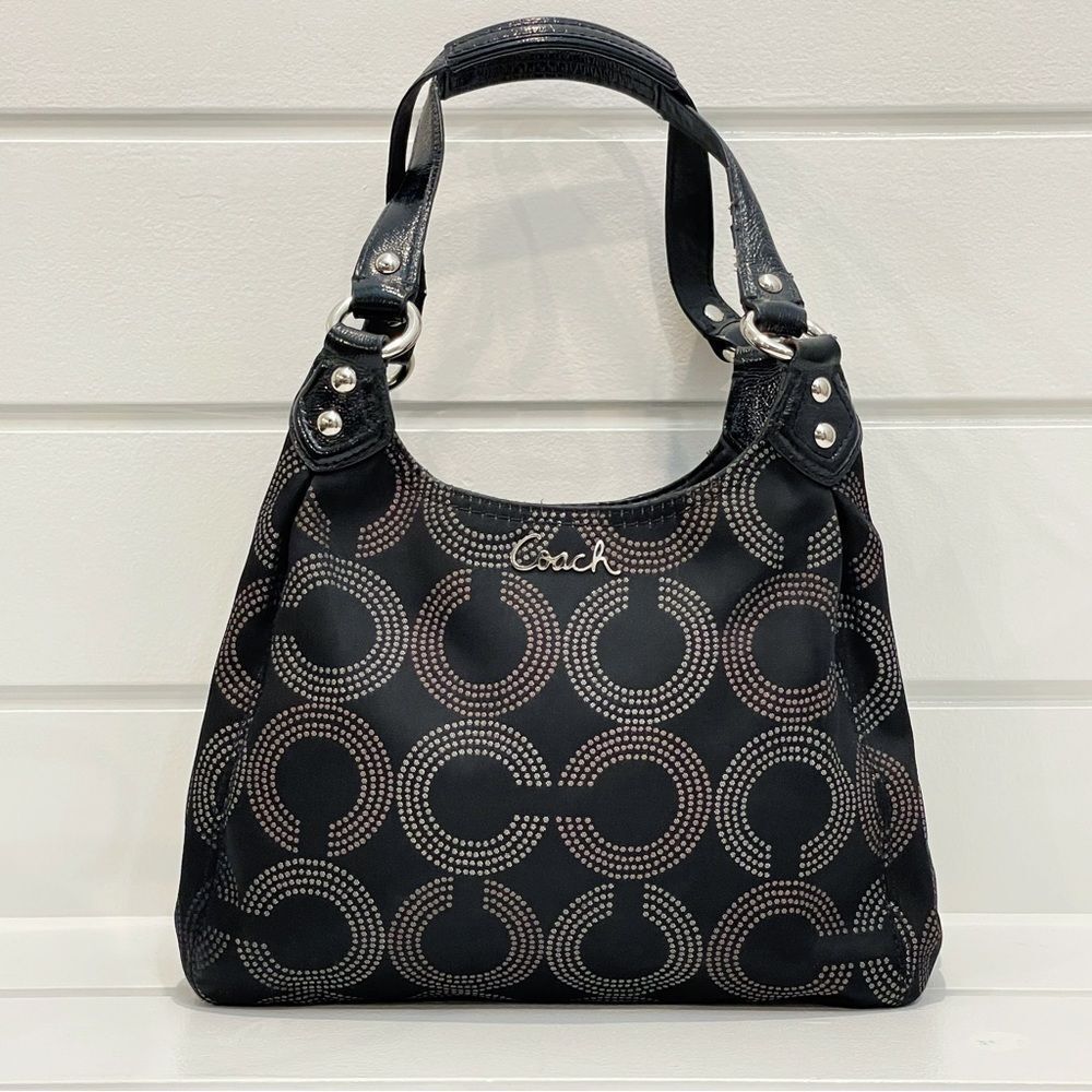 Coach Ashley Triple Compartment Dotted OP Art Hobo Tote Handbag Bag Black F21920 - Picture 4 of 16
